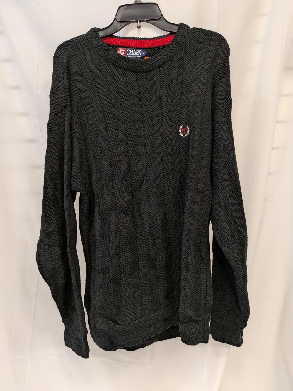 Chaps Black Crewneck Sweater with Red Crewneck Lining and Crest